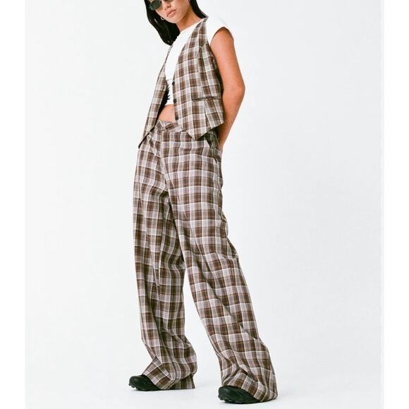 Motel X Olivia Neill Hondra Trousers & Vistana Vest Checks Size S Brown Gray - Picture 7 of 7